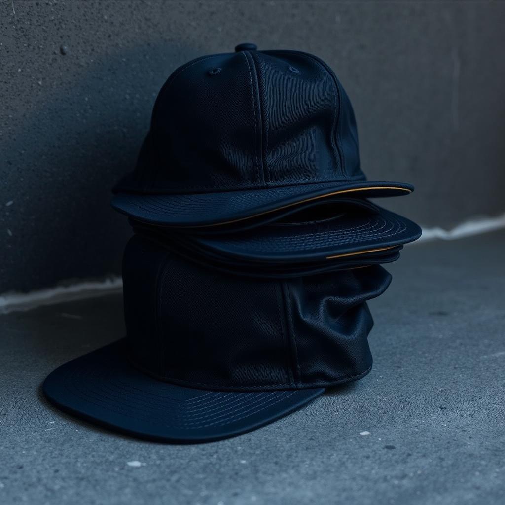 Stack of custom printed black caps