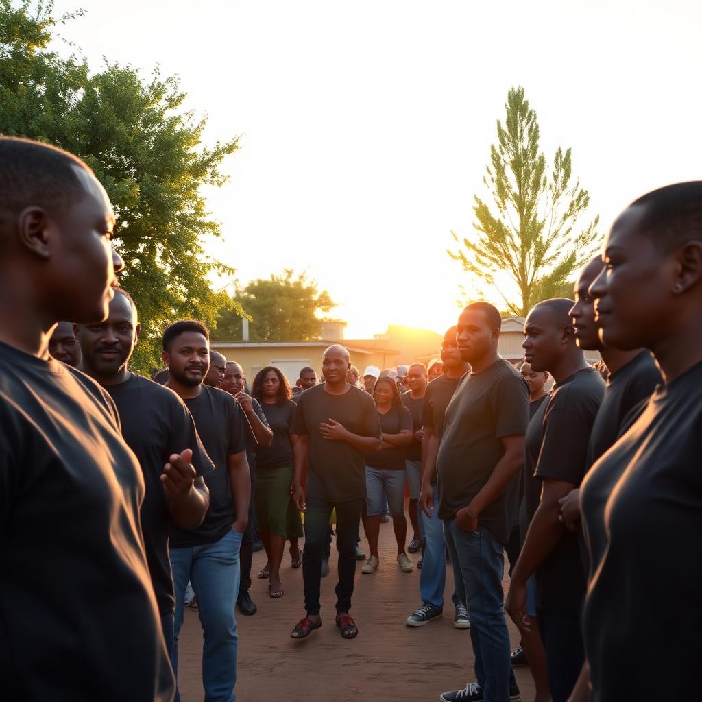 Community group wearing matching printed event T-shirts outdoors